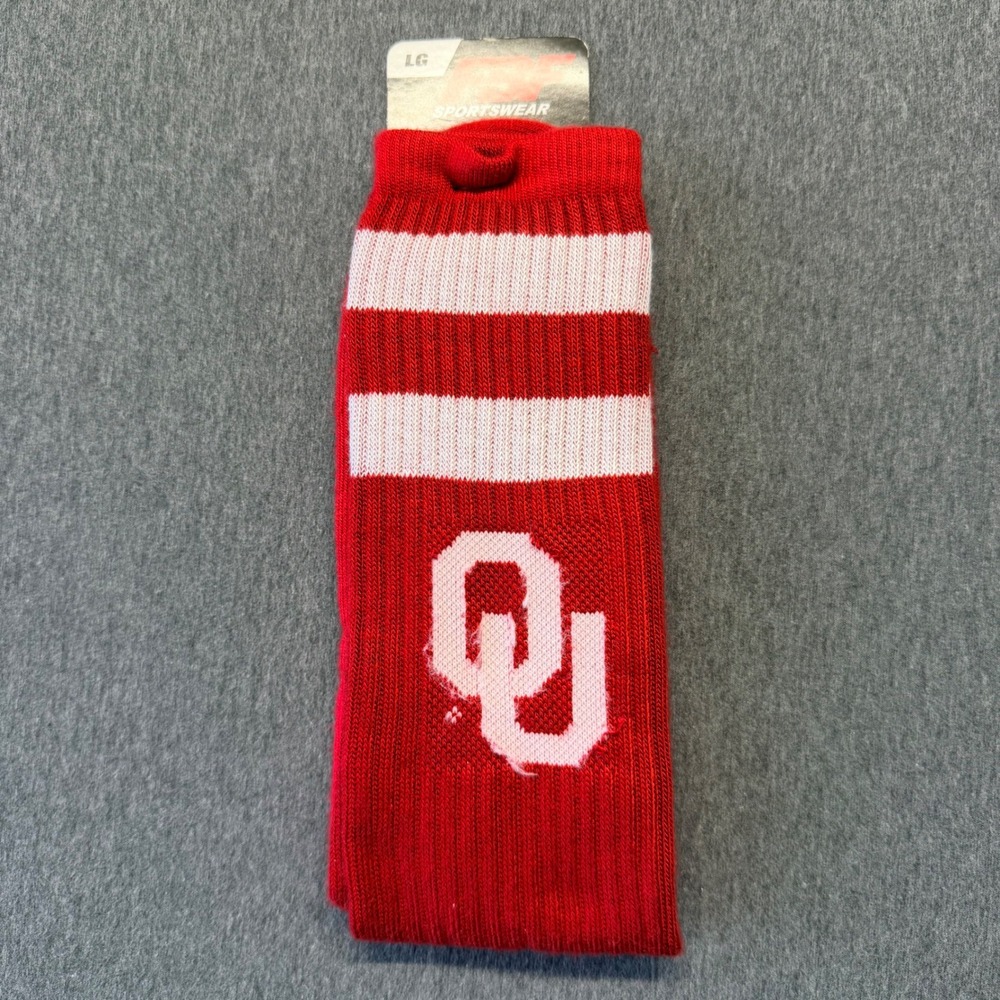 For Bare Feet Oklahoma Sooners NCAA Crew Socks Red White OU Logo Mens Large NEW
